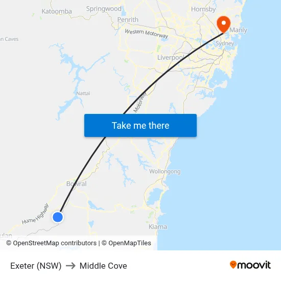 Exeter (NSW) to Middle Cove map