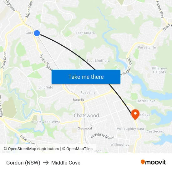 Gordon (NSW) to Middle Cove map