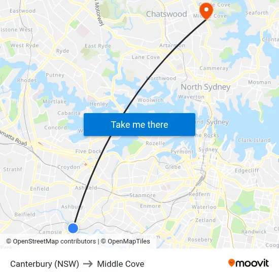 Canterbury (NSW) to Middle Cove map