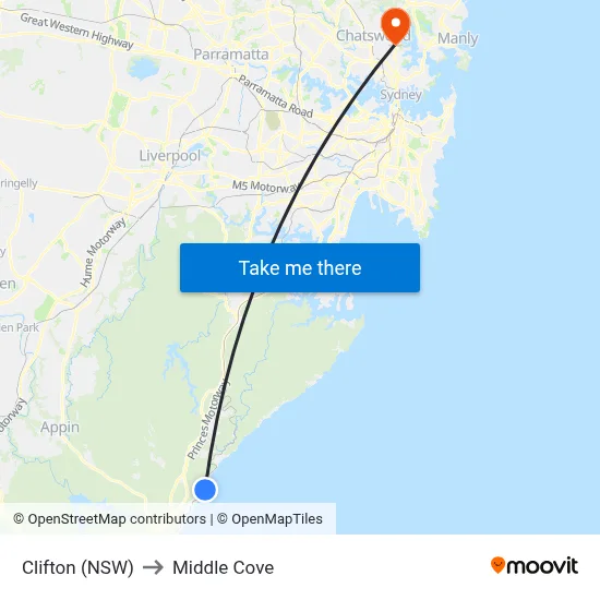 Clifton (NSW) to Middle Cove map