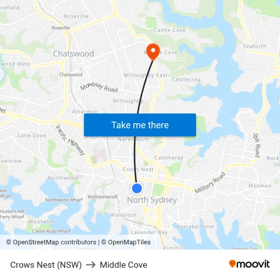 Crows Nest (NSW) to Middle Cove map