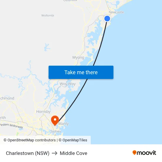 Charlestown (NSW) to Middle Cove map