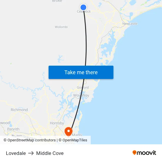 Lovedale to Middle Cove map