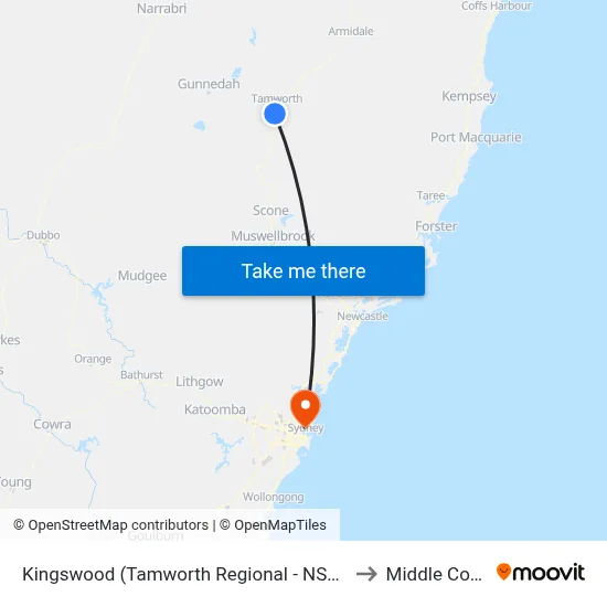 Kingswood (Tamworth Regional - NSW) to Middle Cove map