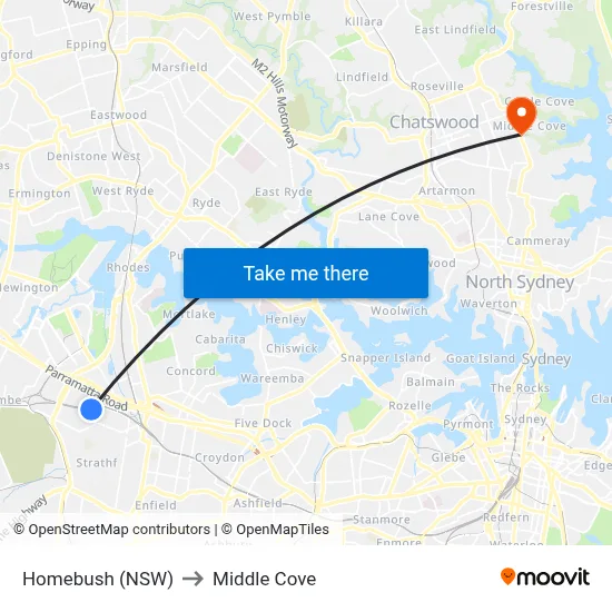 Homebush (NSW) to Middle Cove map