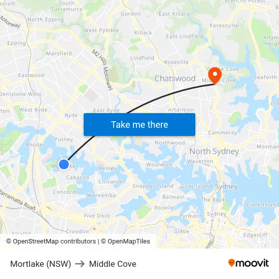 Mortlake (NSW) to Middle Cove map