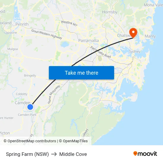 Spring Farm (NSW) to Middle Cove map