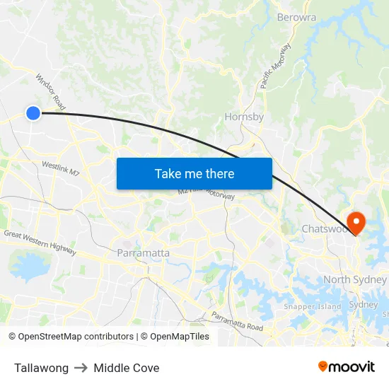 Tallawong to Middle Cove map