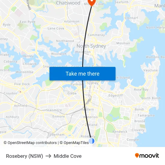 Rosebery (NSW) to Middle Cove map