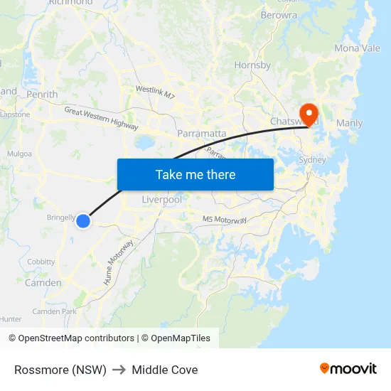 Rossmore (NSW) to Middle Cove map