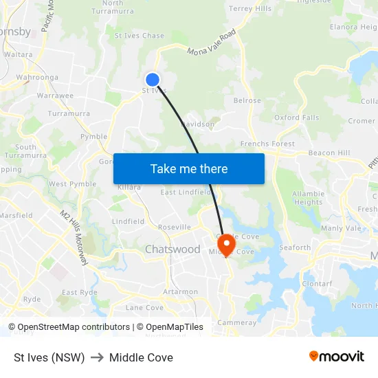St Ives (NSW) to Middle Cove map