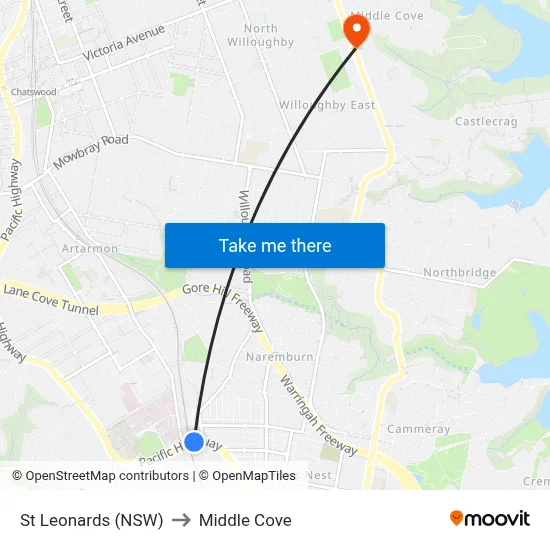 St Leonards (NSW) to Middle Cove map