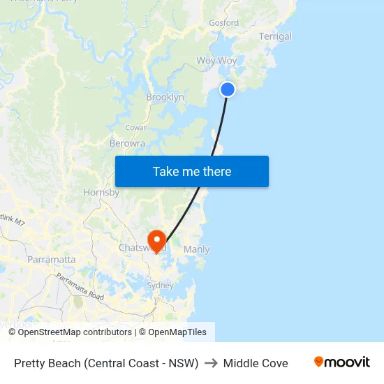 Pretty Beach (Central Coast - NSW) to Middle Cove map