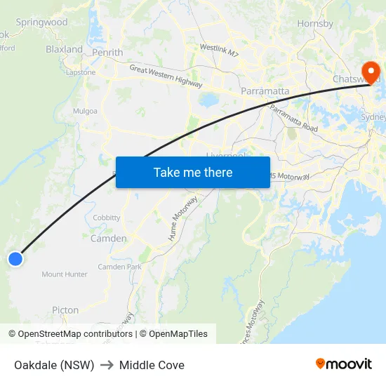 Oakdale (NSW) to Middle Cove map