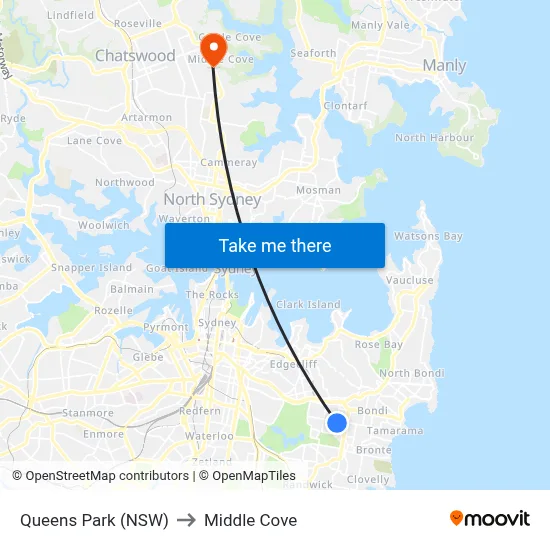 Queens Park (NSW) to Middle Cove map