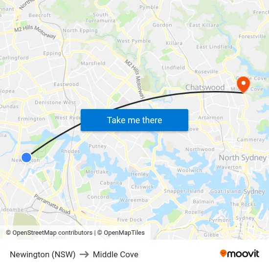Newington (NSW) to Middle Cove map