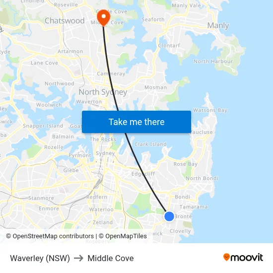 Waverley (NSW) to Middle Cove map