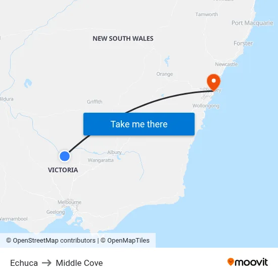 Echuca to Middle Cove map