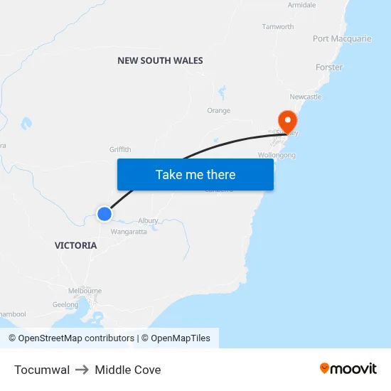 Tocumwal to Middle Cove map