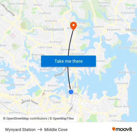Wynyard Station to Middle Cove map