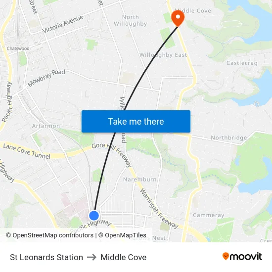 St Leonards Station to Middle Cove map