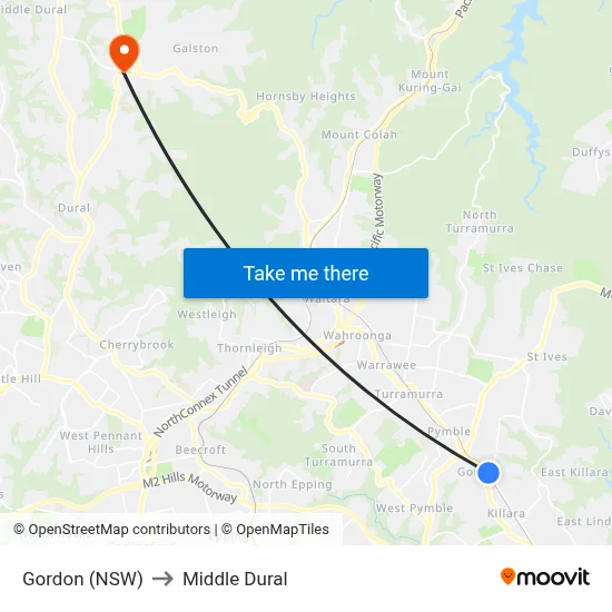 Gordon (NSW) to Middle Dural map
