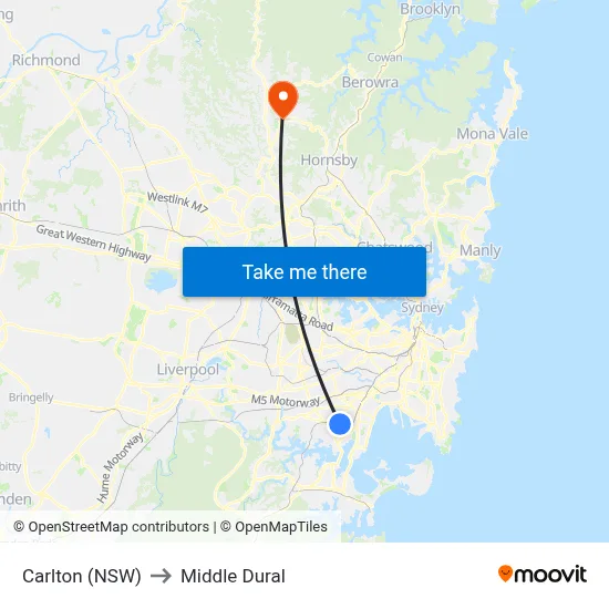 Carlton (NSW) to Middle Dural map