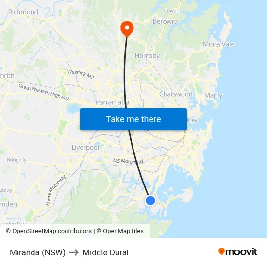 Miranda (NSW) to Middle Dural map