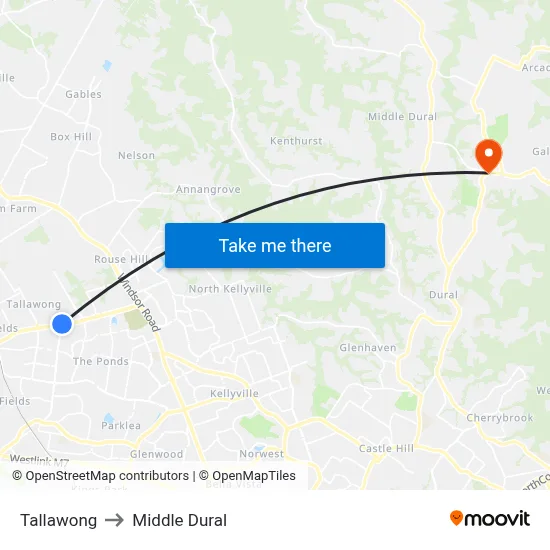 Tallawong to Middle Dural map