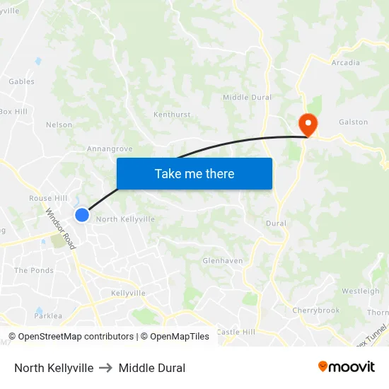North Kellyville to Middle Dural map
