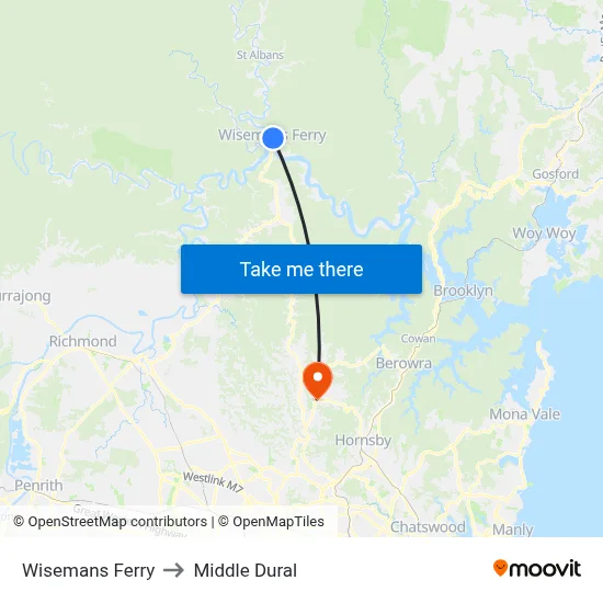 Wisemans Ferry to Middle Dural map