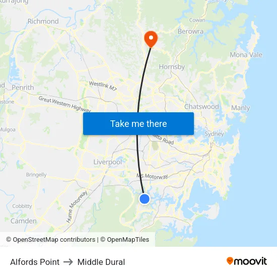 Alfords Point to Middle Dural map