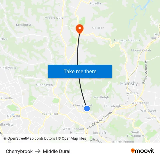 Cherrybrook to Middle Dural map