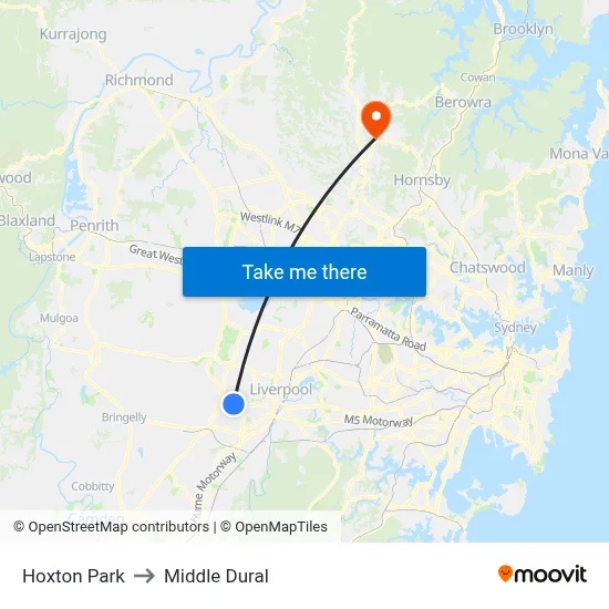 Hoxton Park to Middle Dural map