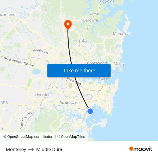 Monterey to Middle Dural map