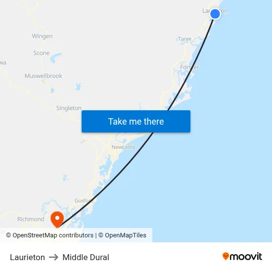 Laurieton to Middle Dural map