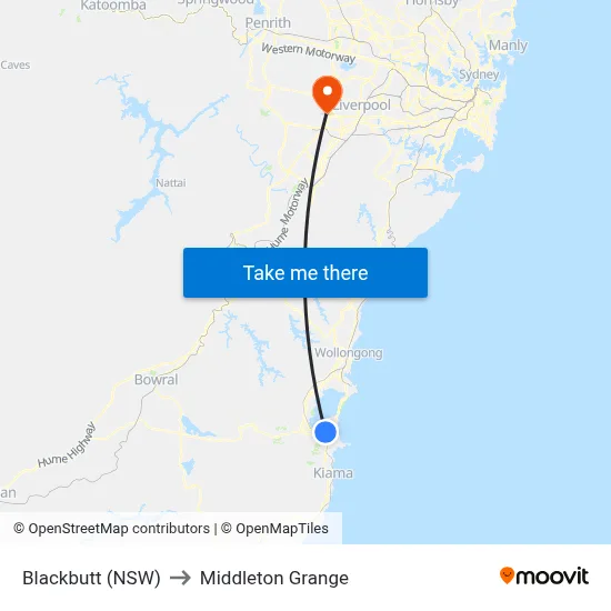 Blackbutt (NSW) to Middleton Grange map