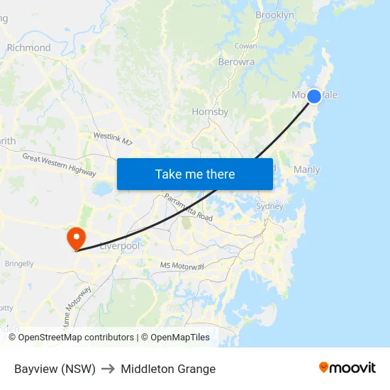 Bayview (NSW) to Middleton Grange map