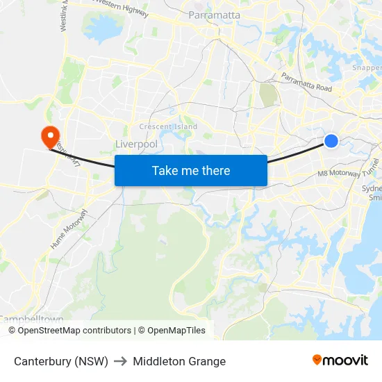 Canterbury (NSW) to Middleton Grange map