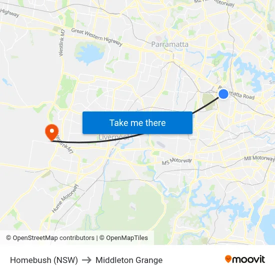 Homebush (NSW) to Middleton Grange map