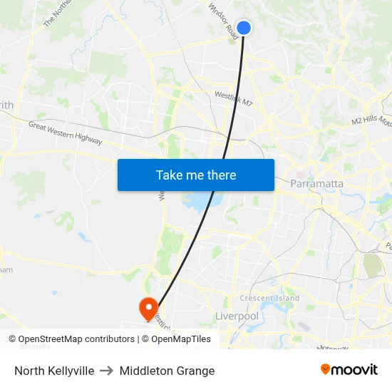 North Kellyville to Middleton Grange map