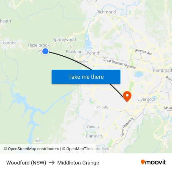 Woodford (NSW) to Middleton Grange map