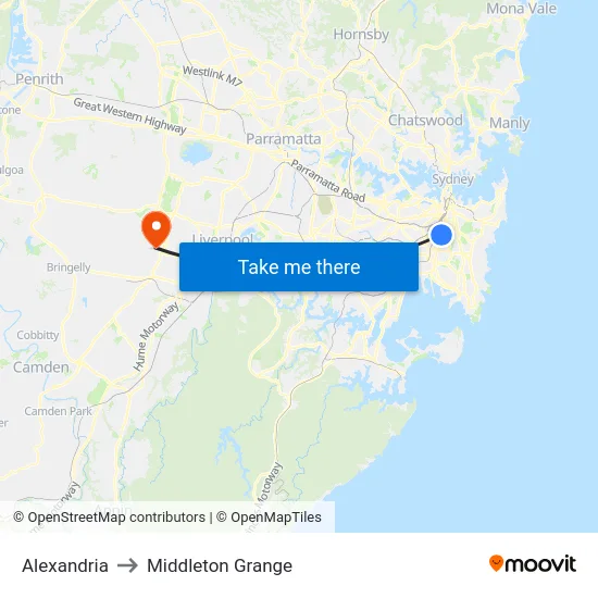 Alexandria to Middleton Grange map