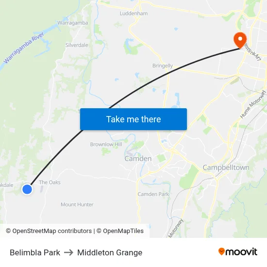 Belimbla Park to Middleton Grange map