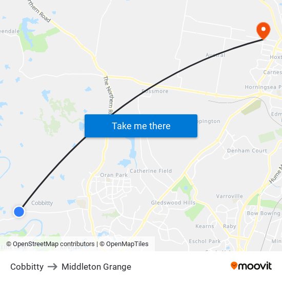 Cobbitty to Middleton Grange map