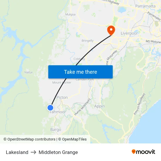 Lakesland to Middleton Grange map