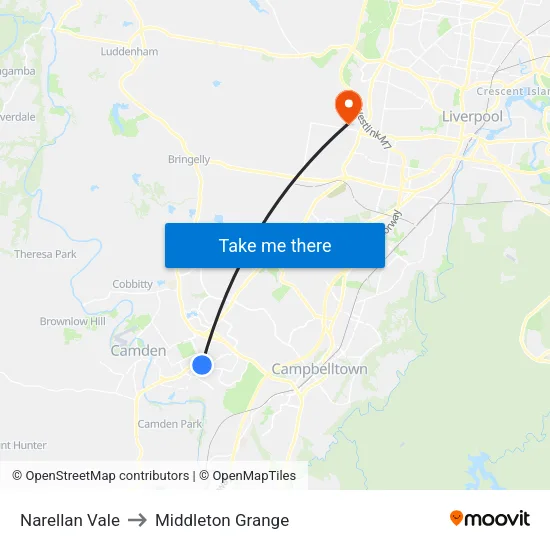 Narellan Vale to Middleton Grange map