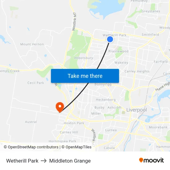 Wetherill Park to Middleton Grange map
