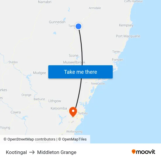 Kootingal to Middleton Grange map