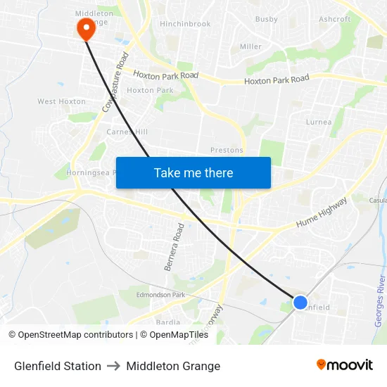 Glenfield Station to Middleton Grange map